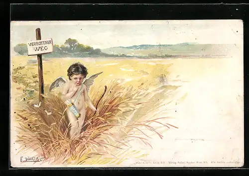 Künstler-AK E. Döcker: Amor am Wegweiser