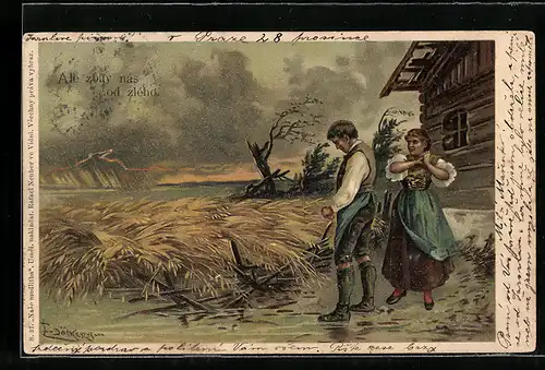 Künstler-AK E. Döcker: Unwetter, Paar vor zerstörtem Haus beim Gebet