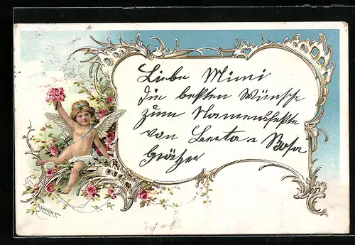 Künstler-AK E. Döcker: Amor mit Blumen