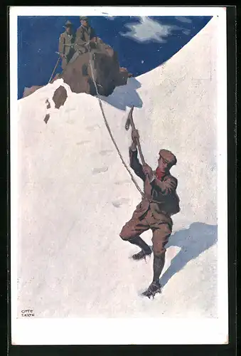 Künstler-AK Otto Barth: Bergsteiger beim Abstieg von schneebedeckter Bergwand