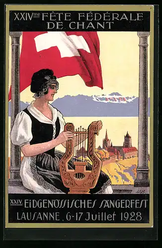 AK Lausanne, XXIV. Eidg. Sängerfest 1928, Frau mit Laute unter Nationalflagge