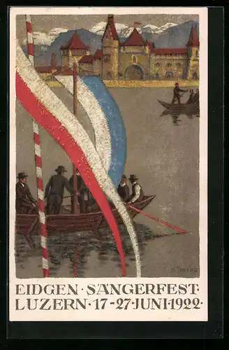 Künstler-AK Luzern, Sängerfest 1922, Bootspartie mit bunten Wimpeln vor Festgebäude