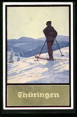 Künstler-AK Skifahrer in Thüringen, Tourismus Thüringer Verkehrs-Verband, Gotha