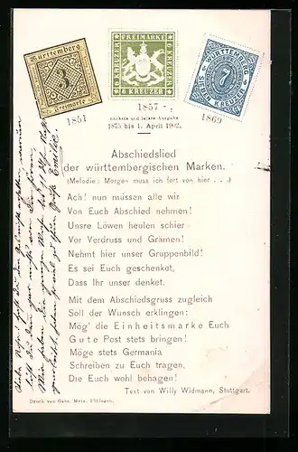 AK Abschiedslied der württembergischen Marken, Briefmarken, Postgeschichte