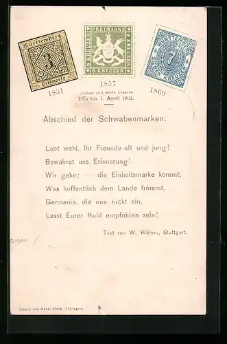 AK Abschied der Schwabenmarken, Briefmarken, Postgeschichte