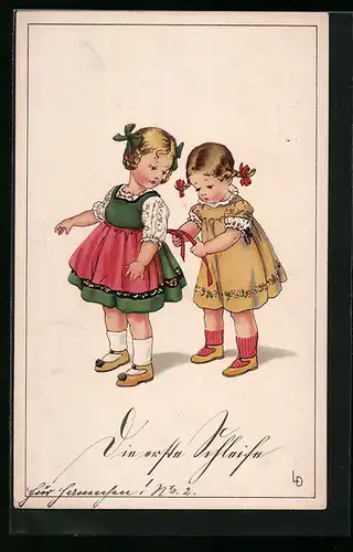 Künstler-AK Lia Döring: Zwei Mädchen in hübschen Kleidern