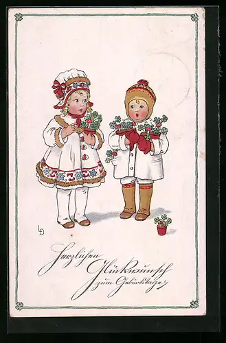 Künstler-AK Lia Döring: Kinder mit eingetopftem Klee