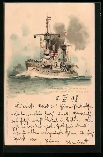 Künstler-AK Hans Bohrdt: S. M. Panzerschiff Brandenburg mit Volldampf Kiel verlassend