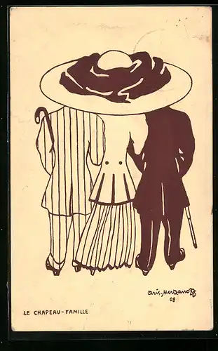 Künstler-AK sign. Mertzanoff: Le Chapeau-Famille, Frau mit 2 Männern unter grossem Hut