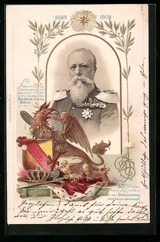 AK Grossherzog Friedrich von Baden, Portrait und Wappen