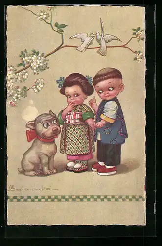 Künstler-AK E. Colombo: Kinder mit Hundewelpe