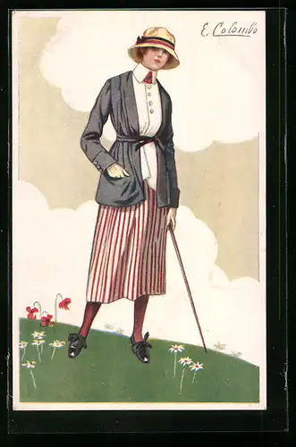 Künstler-AK E.Colombo: Frau in einem rot-weiss gestreiften Kleid mit Hut und Spazierstock, Art Deco