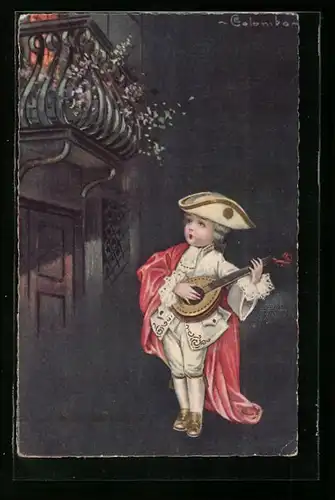 Künstler-AK E. Colombo: Junge spielt vor einem Balkon Laute