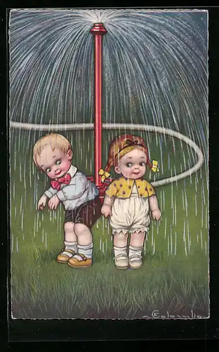 Künstler-AK E. Colombo: Kinder unter einem Rasensprenger
