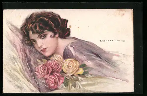 Künstler-AK Tito Corbella: Schöne Frau mit Rosen