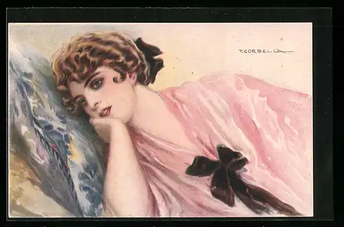 Künstler-AK Tito Corbella: Schöne Frau mit träumerischem Ausdruck