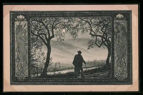 Künstler-AK Fidus: Elfenwanderer, Wandersmann blickt ins Gebirge