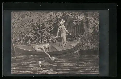 Künstler-AK Fidus Nr. 50: Wasserrosen, Nackte Kinder auf einem Boot