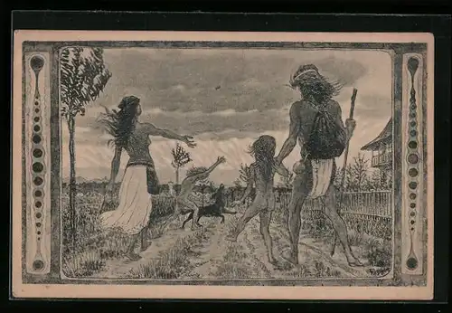 Künstler-AK Fidus Nr. 28: Nach Hause, Familie mit Hund auf dem Weg nach Hause