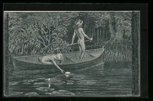 Künstler-AK Fidus: Wasserrosen, Kinder fischen nach einer Rose