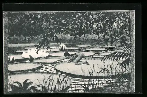 Künstler-AK Fidus: Viktoria Regia, Schönes Mädchen auf Riesenseerosen