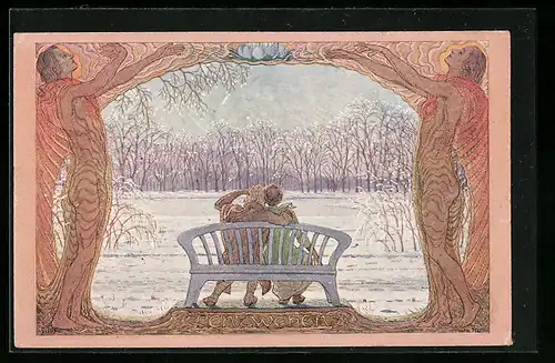Künstler-AK Fidus Nr. 80: Lenzweben, Paar sitzt auf einer Bank im Winter
