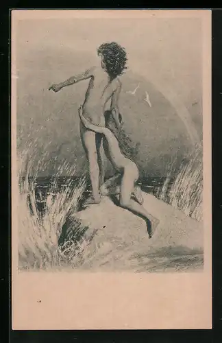 Künstler-AK Fidus: Auf der Klippe, Regenbogen