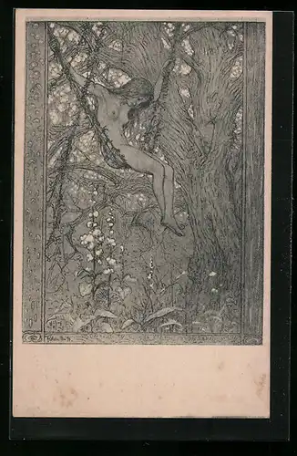 Künstler-AK Fidus Nr. 47: Lianenschaukel, Nacktes Mädchen auf einer Lianenschaukel