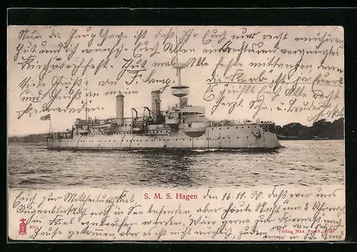 AK Kriegsschiff SMS Hagen vor Küste