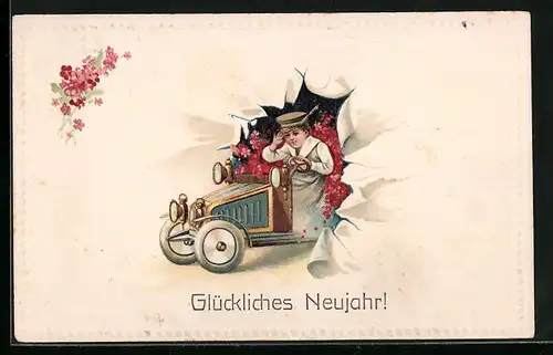 Präge-AK Neujahrsgruss, Auto bepackt mit roten Blumen