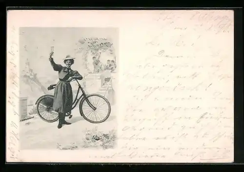 AK Fahrradfahrerin hebt ihr Glas zum Gruss