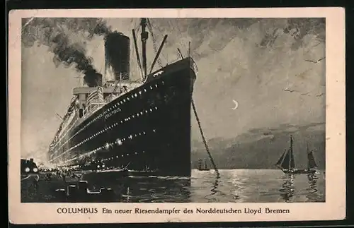 Künstler-AK Riesendampfer Columbus beleuchtet im Hafen