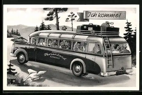 Künstler-AK Gut angekommen!, Ferienland Express, Reisebus