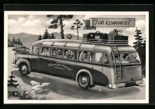 Künstler-AK Gut angekommen!, Ferienland Express, Reisebus