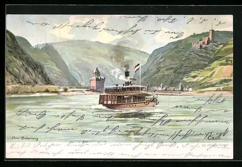 Künstler-AK Rheindampfer bei Caub