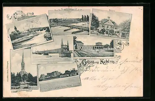 AK Kehl a. Rh., Bahnhof, Rathaus, Eisenbahnbrücke