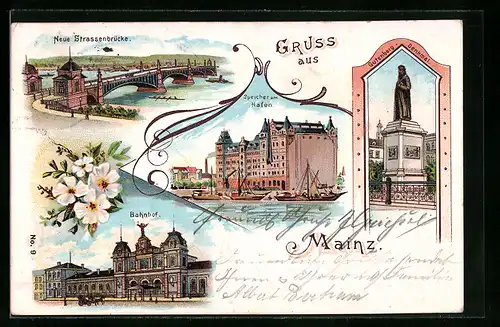 Lithographie Mainz, Neue Strassenbrücke, Speicher am Hafen, Bahnhof