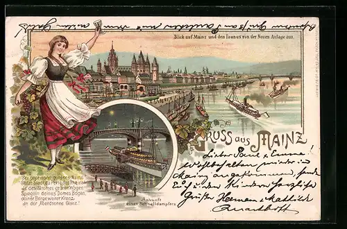Lithographie Mainz, Blick auf d. Ort & d. Taunus von der Neuen Anlage aus