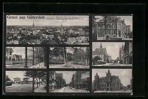 AK Gütersloh, Totalansicht, Bahnhof, Rathaus