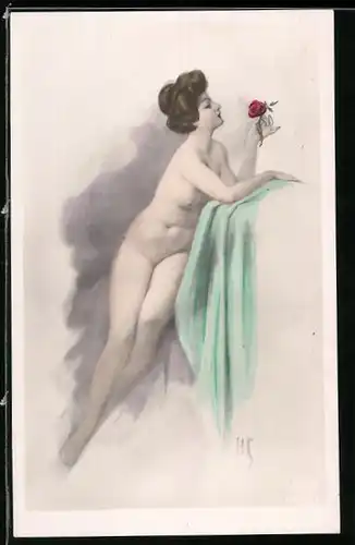 Künstler-AK H.S.: Nackte Schönheit riecht an einer Rose