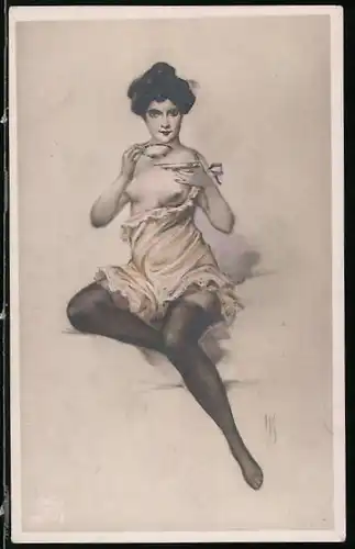 Künstler-AK H.S.: Frau mit nackten Brüsten trinkt Kaffee, Erotik