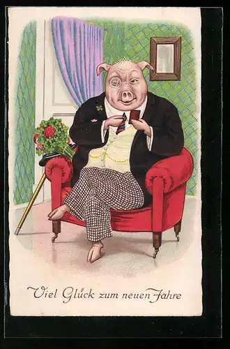 AK Schwein im Anzug mit Monokel sitzt auf einem Sessel