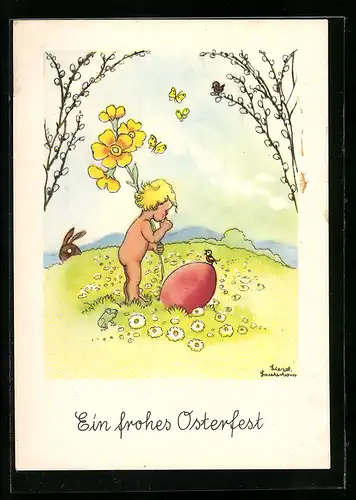 Künstler-AK Liesel Lauterborn: Kind auf einer Wiese findet ein Osterei, Hase