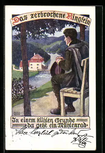 Künstler-AK Karl Alex Wilke: Das zerbrochene Ringlein, In einem Kühlen Grunde da geht ein Mühlenrad