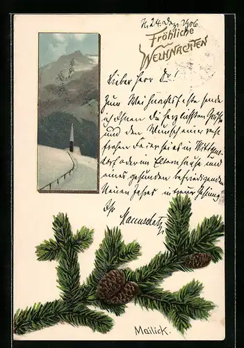 Künstler-AK Alfred Mailick: Ein Schneetag in den Bergen, Tannenzweig mit Zapfen