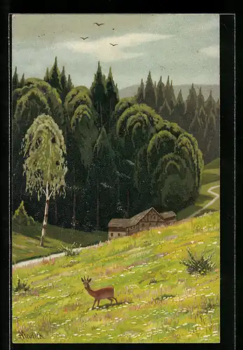 Künstler-AK Alfred Mailick: Reh vor einem Haus an einer Landstrasse