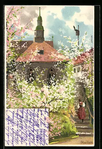 Künstler-AK Alfred Mailick: Fröhliche Pfingsten, Kirche mit blühenden Bäumen