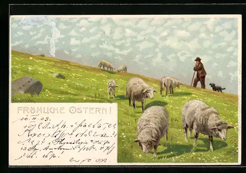 Künstler-AK Alfred Mailick: Schafherde auf der Weide, Fröhliche Ostern