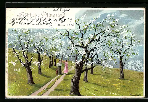 Künstler-AK Alfred Mailick: Zwei Damen bei einem Spaziergang während der Baumblüte