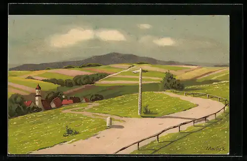 Künstler-Lithographie Alfred Mailick: Auf sonniger Flur, Landschaft mit Wegweiser